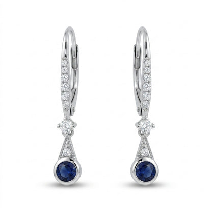 14K 0.23cttw Round Blue Sapphire 0.17cttw White Diamonds Drop Earrings
