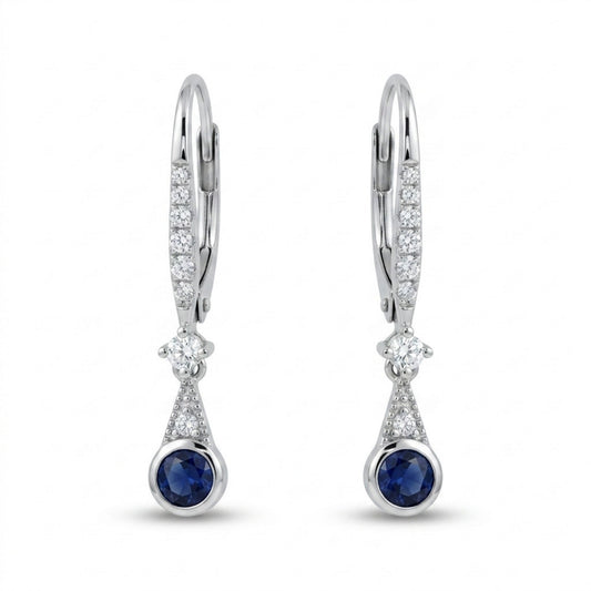 14K 0.23cttw Round Blue Sapphire 0.17cttw White Diamonds Drop Earrings
