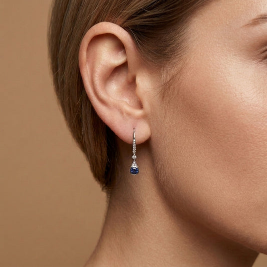 14K 0.23cttw Round Blue Sapphire 0.17cttw White Diamonds Drop Earrings