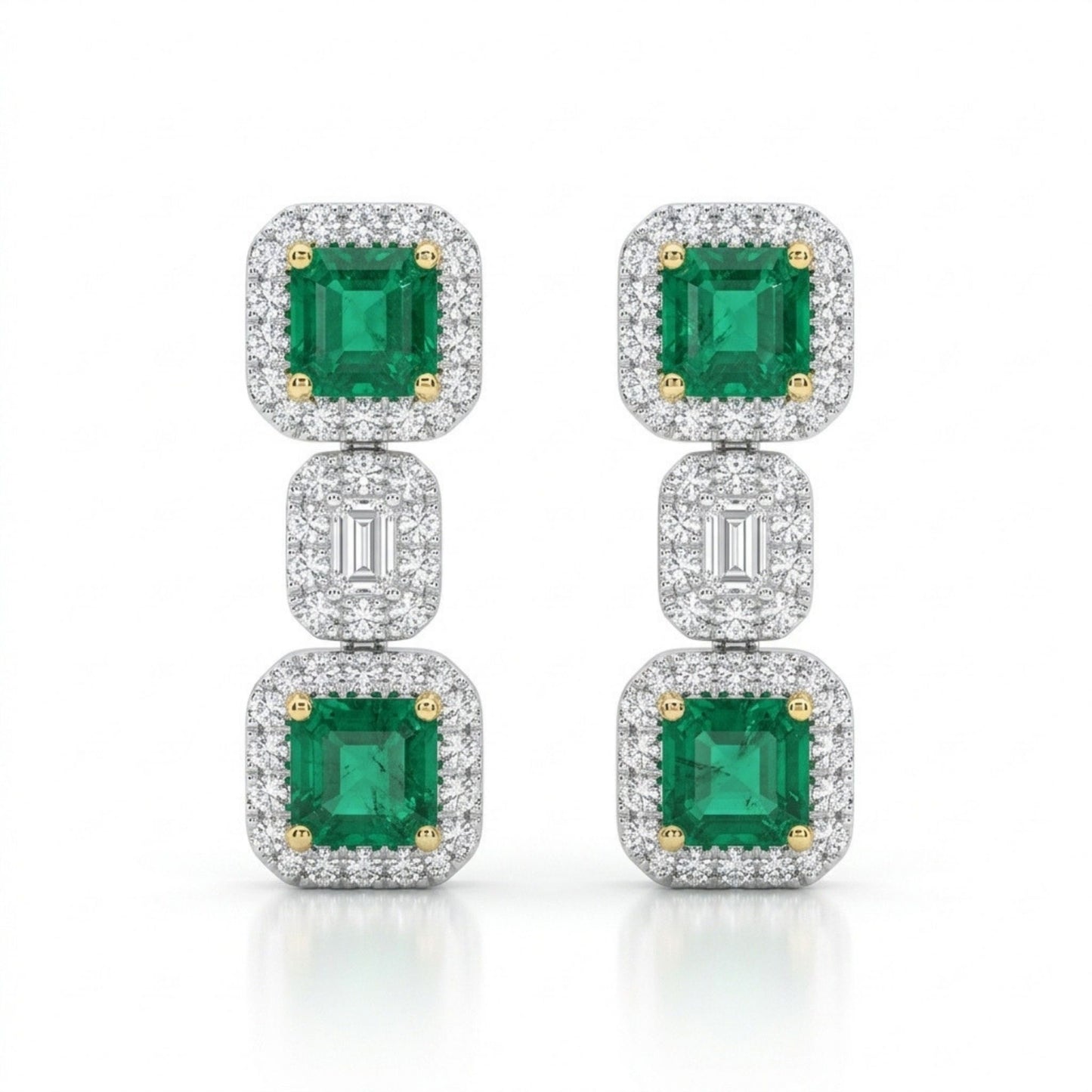 18K 2.25cttw Asscher Cut Colombian Emerald 1.40cttw White Diamonds Drop Earrings