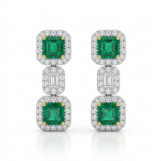 18K 2.25cttw Asscher Cut Colombian Emerald 1.40cttw White Diamonds Drop Earrings