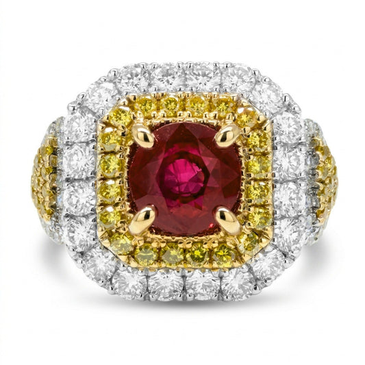 14K 1.09ct Round Burma Ruby 1.14cttw VS Yellow & White Diamonds Ring