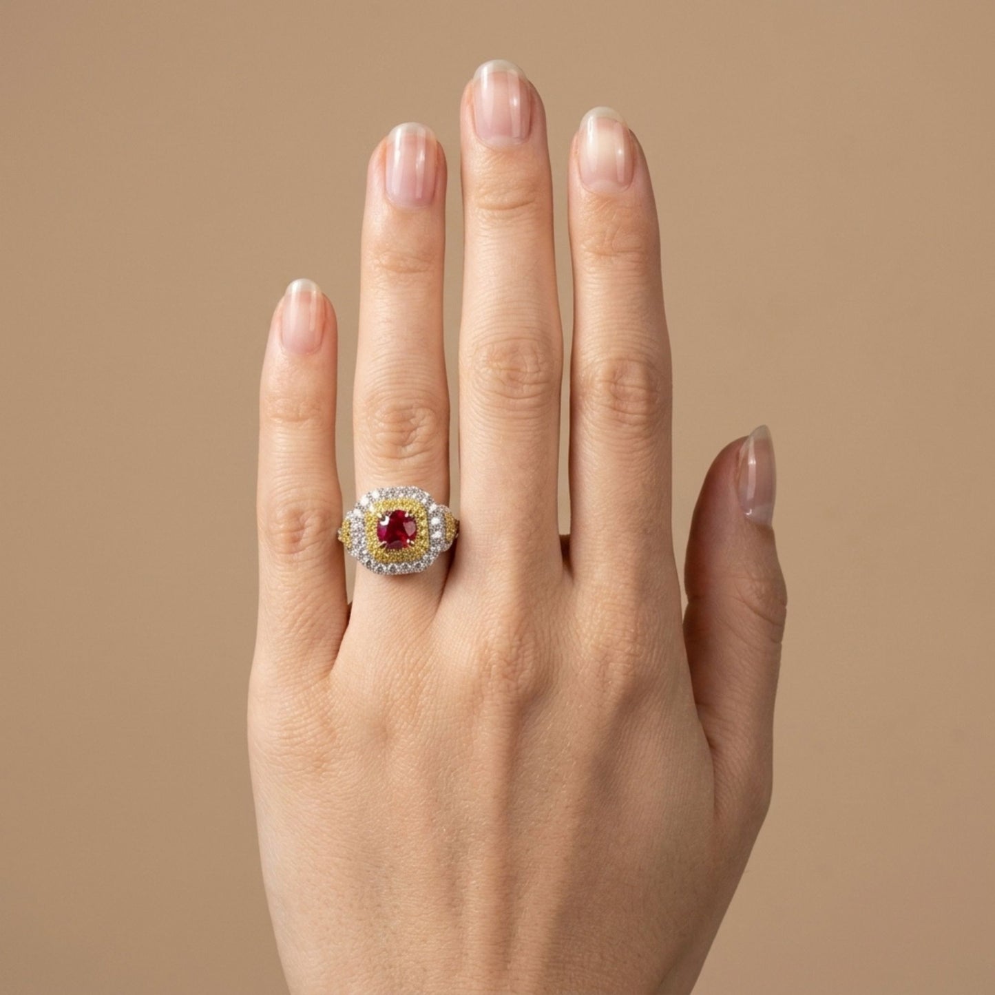 14K 1.09ct Round Burma Ruby 1.14cttw VS Yellow & White Diamonds Ring