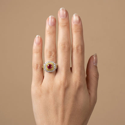 14K 1.09ct Round Burma Ruby 1.14cttw VS Yellow & White Diamonds Ring