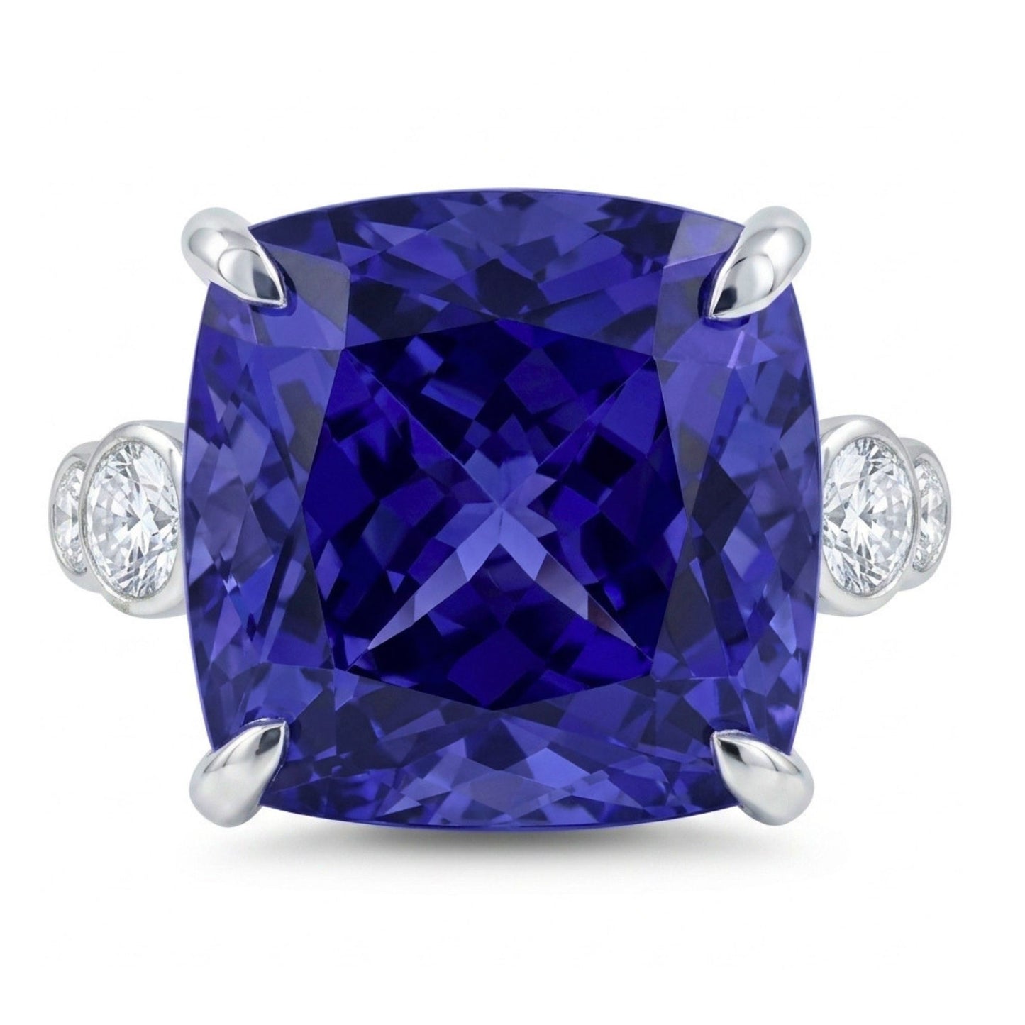 14K 13.27ct Cushion Blue Wing Tanzanite 0.59cttw VS White Diamonds Ring