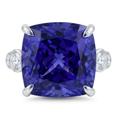 14K 13.27ct Cushion Blue Wing Tanzanite 0.59cttw VS White Diamonds Ring