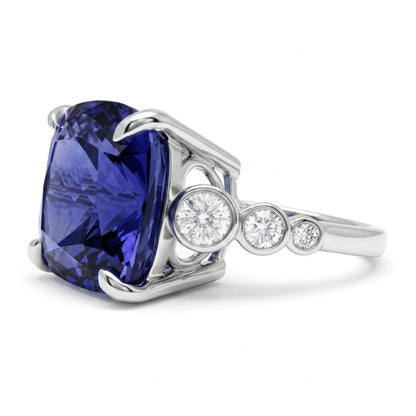 14K 13.27ct Cushion Blue Wing Tanzanite 0.59cttw VS White Diamonds Ring