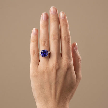 14K 13.27ct Cushion Blue Wing Tanzanite 0.59cttw VS White Diamonds Ring