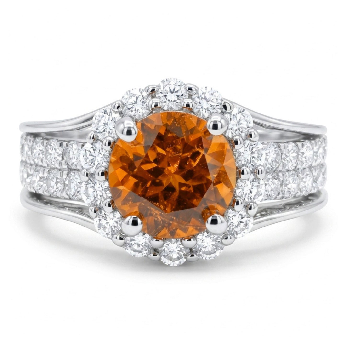 14K 1.28ct Round Mandarin Garnet 0.95cttw VS White Diamonds Ring
