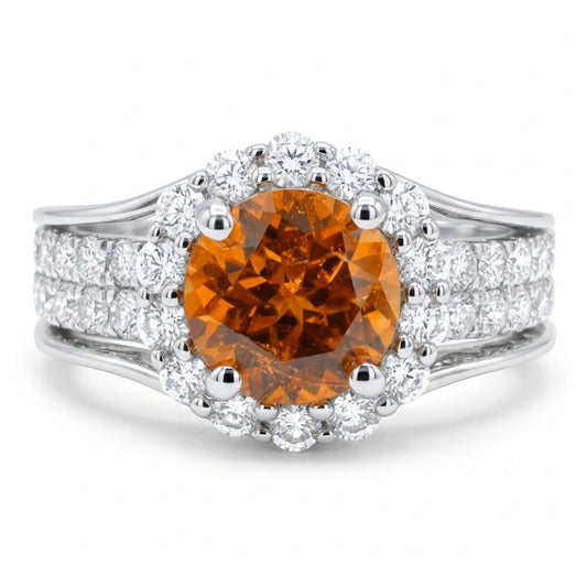14K 1.28ct Round Mandarin Garnet 0.95cttw VS White Diamonds Ring