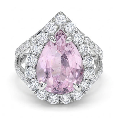 14K 4.15ct Pear Shape Unheated Pink Sapphire 1.27cttw VS White Diamonds Ring