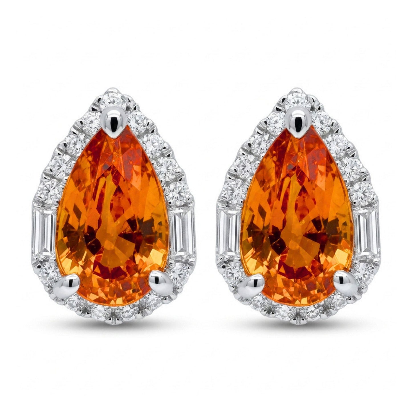 18K 4.43cttw Pear Shape Mandarin Garnet 0.28cttw VS White Diamonds Stud Earrings