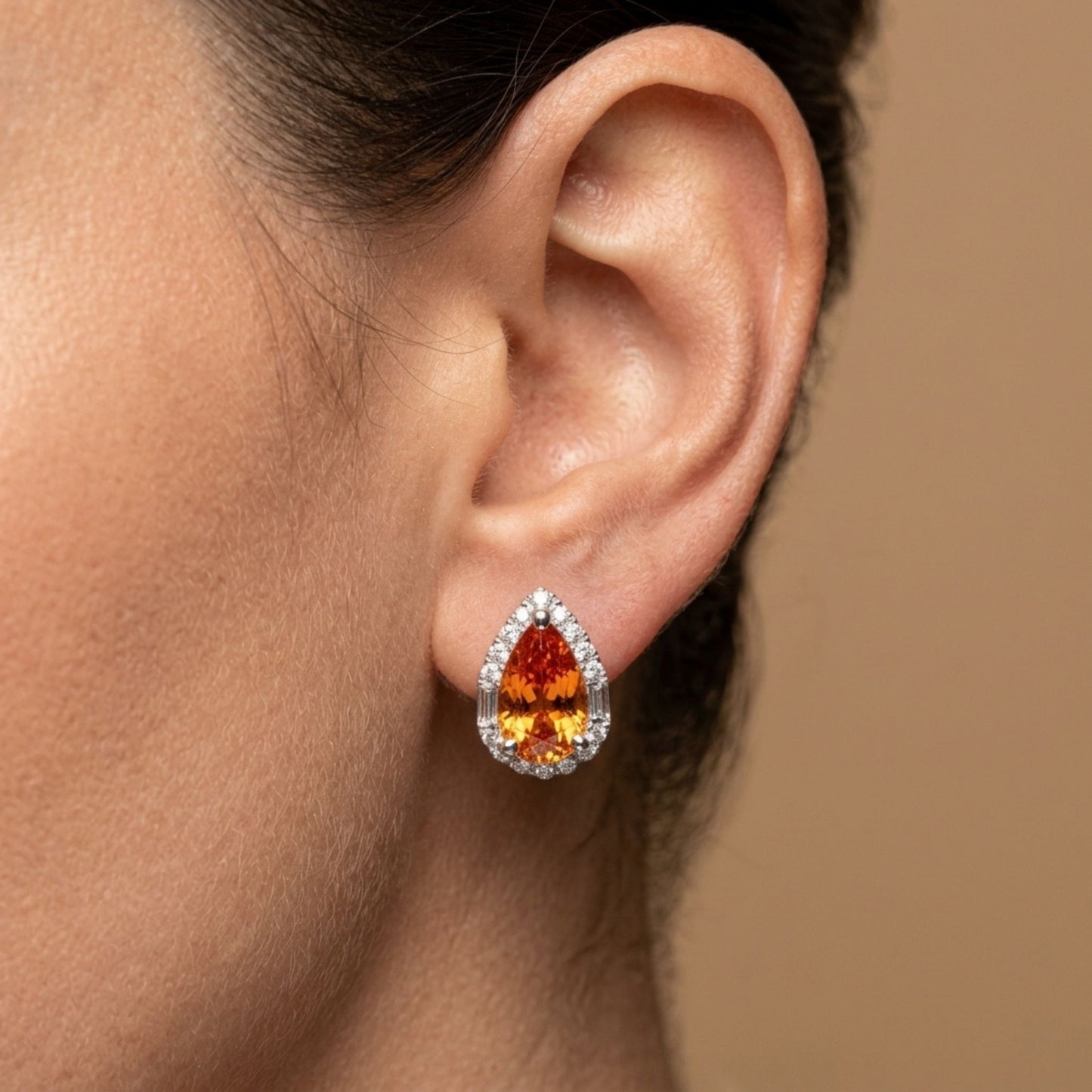18K 4.43cttw Pear Shape Mandarin Garnet 0.28cttw VS White Diamonds Stud Earrings