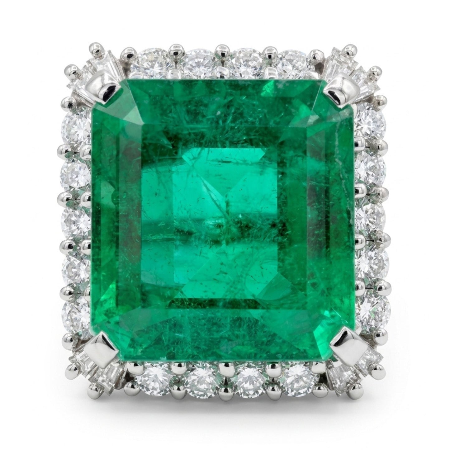 Platinum 8.63ct Emerald Cut Colombian Emerald 0.98cttw White Diamonds Ring