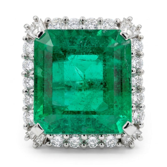 Platinum 8.63ct Emerald Cut Colombian Emerald 0.98cttw White Diamonds Ring