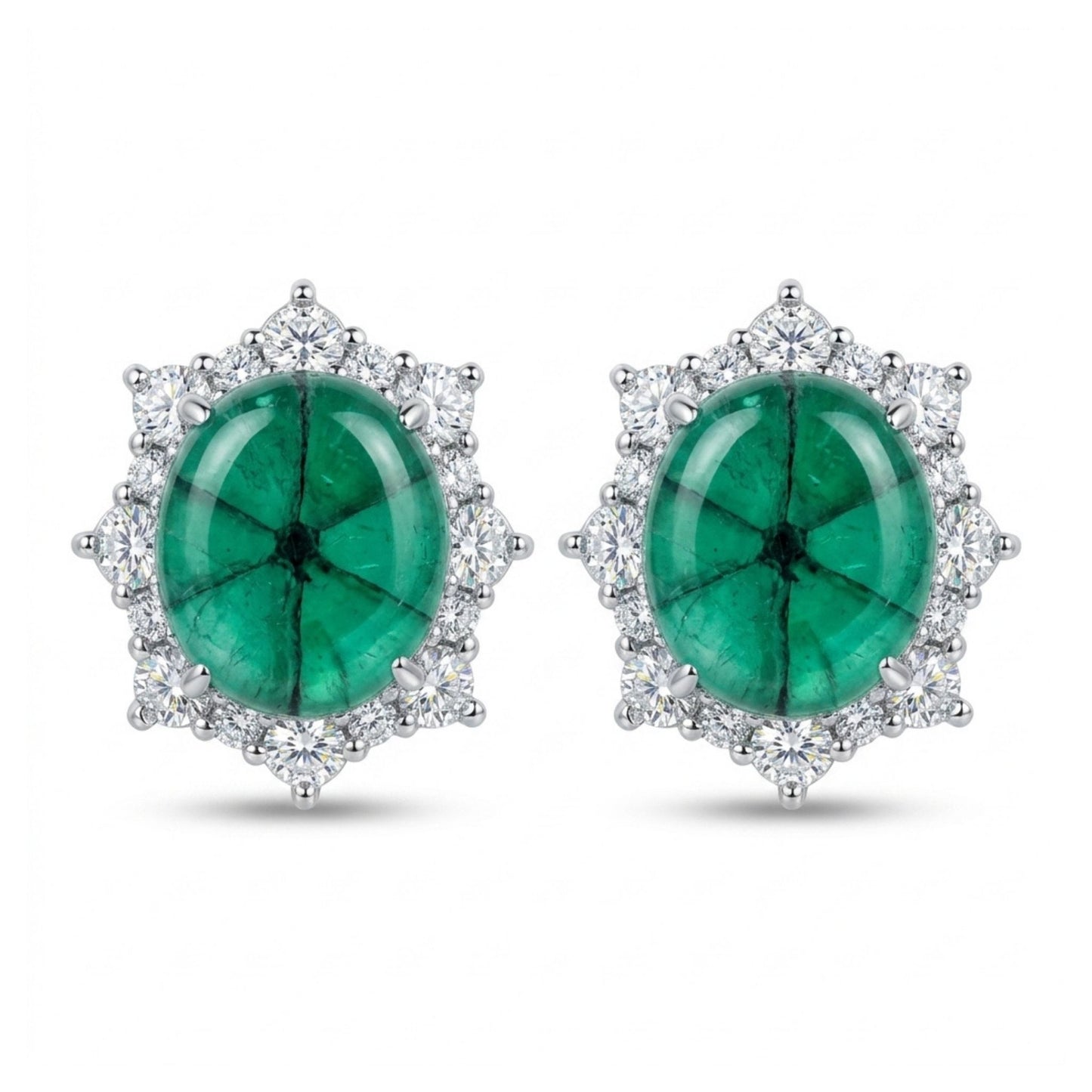 Platinum 17.18cttw Oval Trapiche Emerald 1.38cttw White Diamonds Stud Earrings