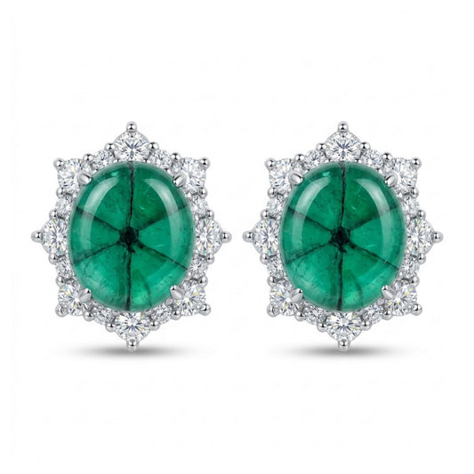 Platinum 17.18cttw Oval Trapiche Emerald 1.38cttw White Diamonds Stud Earrings