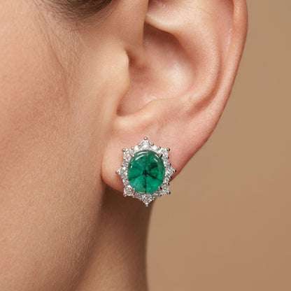 Platinum 17.18cttw Oval Trapiche Emerald 1.38cttw White Diamonds Stud Earrings