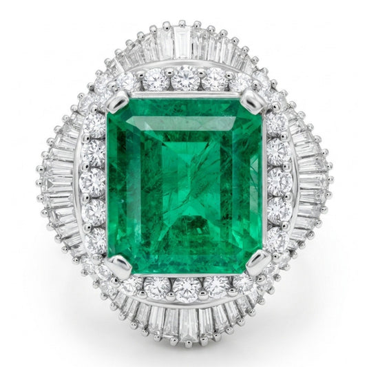 Platinum 11.35ct Emerald Cut Colombian Emerald 3.25cttw White Diamonds Ring GRS #2022028332