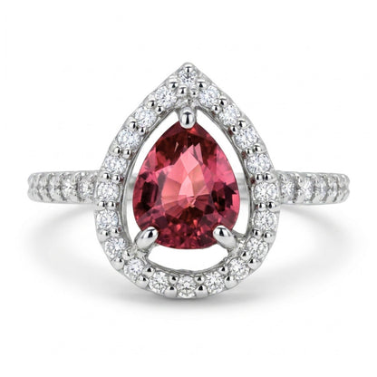 Platinum 0.95ct Pear Shape Unheated Padparadscha 0.24cttw White Diamonds Ring GRS #2021082912