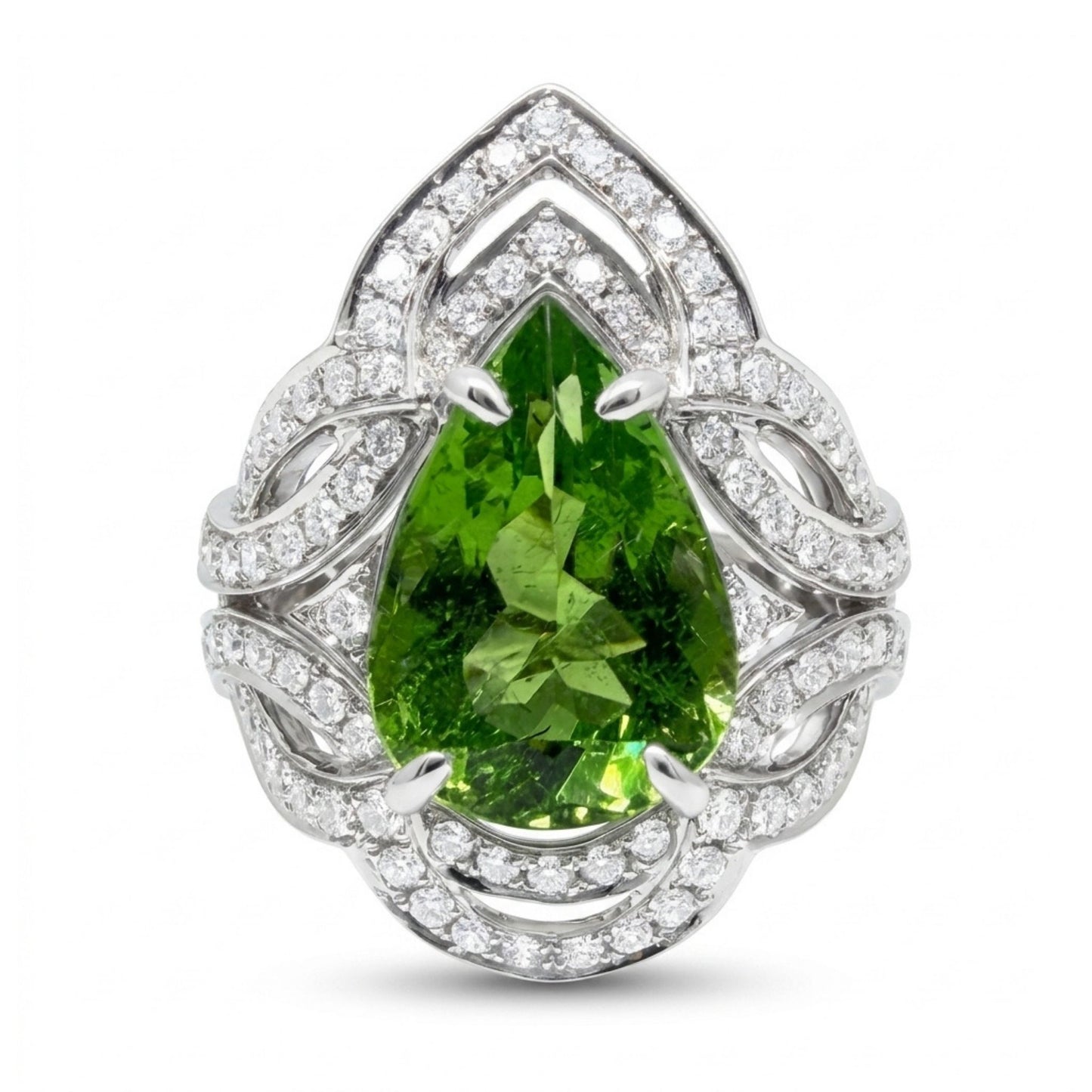 18K 6.17ct Pear Shape Green Paraiba 1.68cttw VS White Diamonds Ring