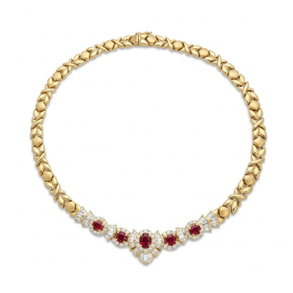 18K 5.49cttw Oval & Round Ruby 5.65cttw White Diamonds Necklace