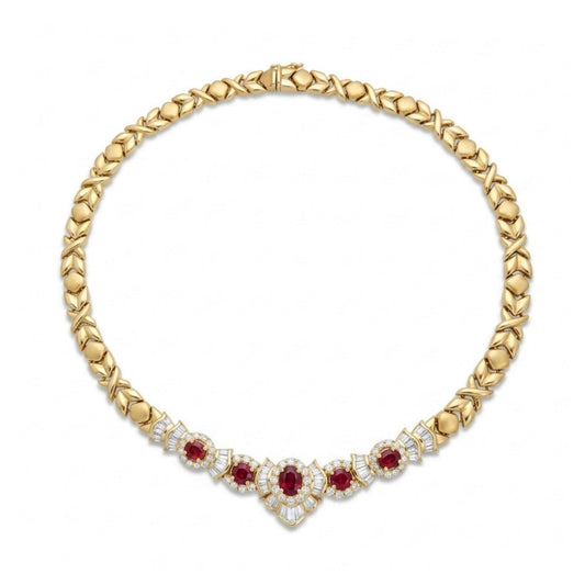 18K 5.49cttw Oval & Round Ruby 5.65cttw White Diamonds Necklace