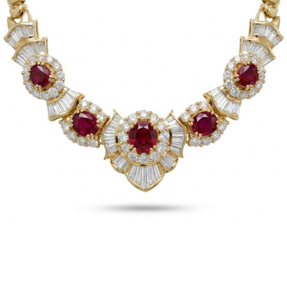 18K 5.49cttw Oval & Round Ruby 5.65cttw White Diamonds Necklace