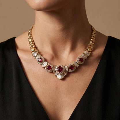 18K 5.49cttw Oval & Round Ruby 5.65cttw White Diamonds Necklace