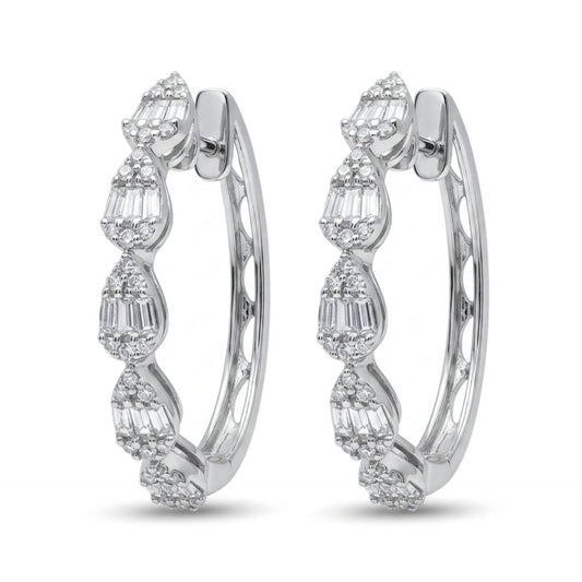 18K gold baguette and round VS white diamond hoop earrings