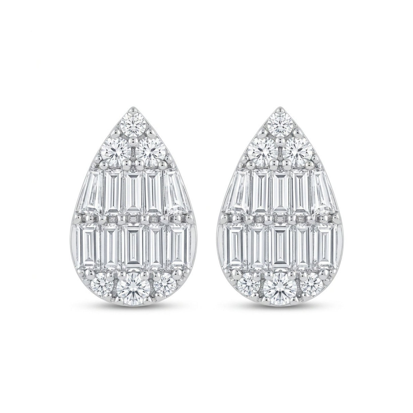 18K 0.80cttw Baguette & Round White Diamonds Stud Earrings