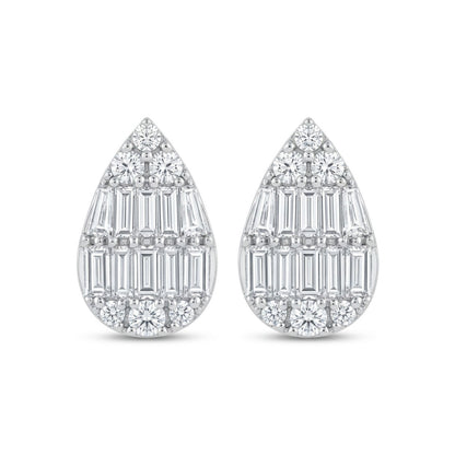 18K 0.80cttw Baguette & Round White Diamonds Stud Earrings