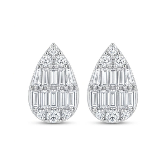18K 0.80cttw Baguette & Round White Diamonds Stud Earrings