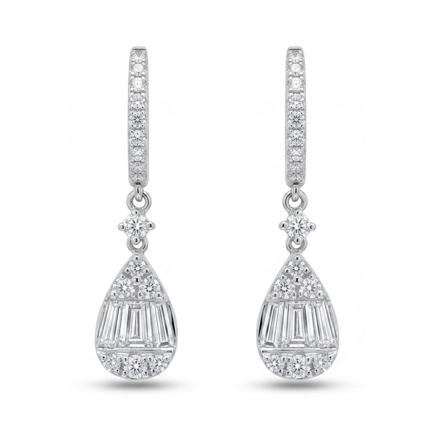 18K 0.87cttw Baguette & Round White Diamonds Drop Earrings