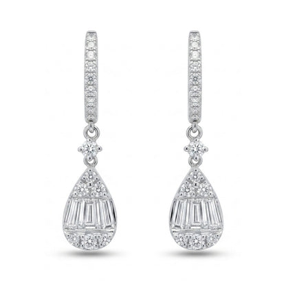 18K 0.87cttw Baguette & Round White Diamonds Drop Earrings