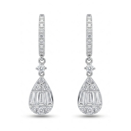18K 0.87cttw Baguette & Round White Diamonds Drop Earrings