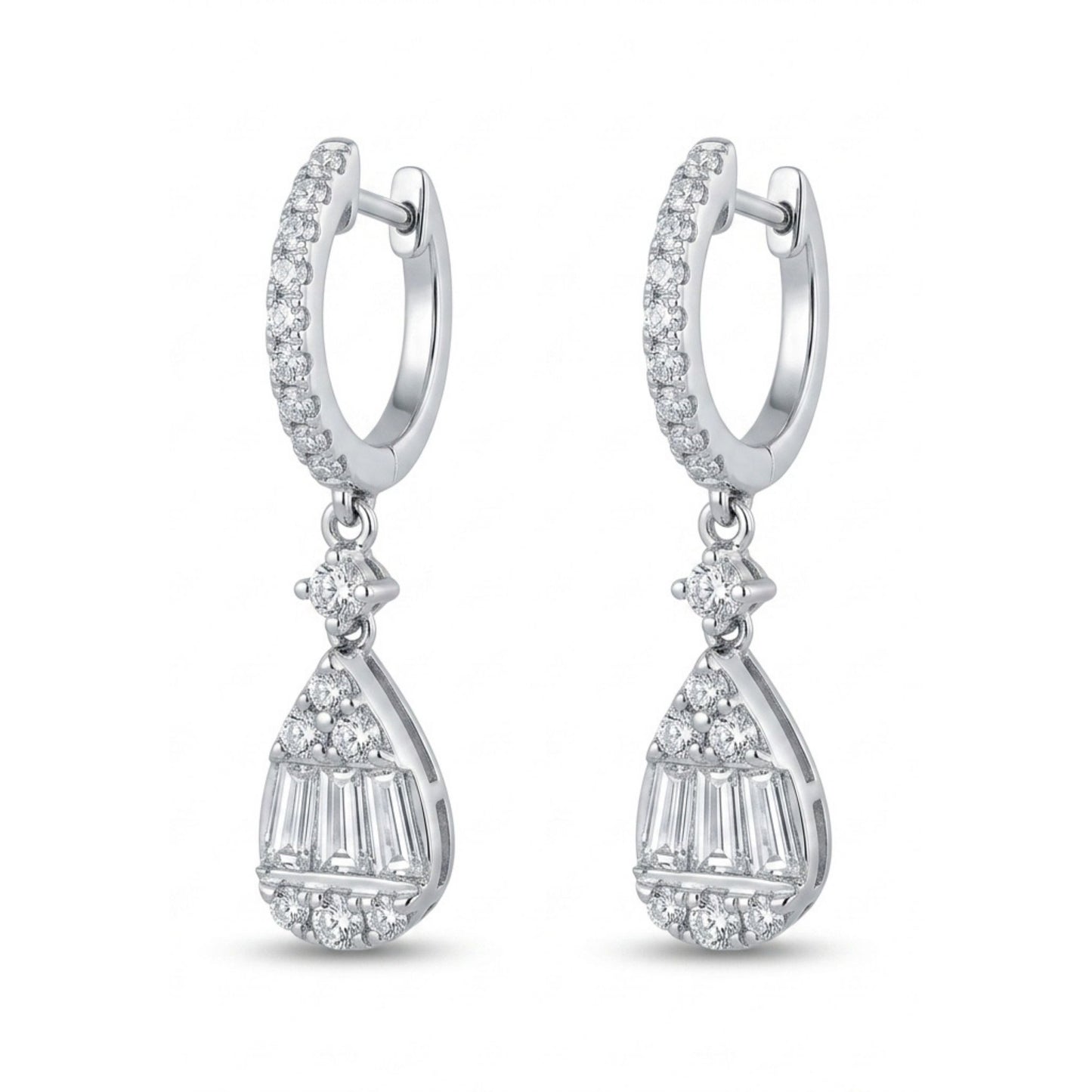 18K 0.87cttw Baguette & Round White Diamonds Drop Earrings
