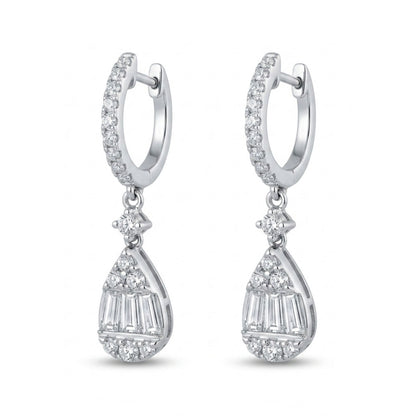 18K 0.87cttw Baguette & Round White Diamonds Drop Earrings