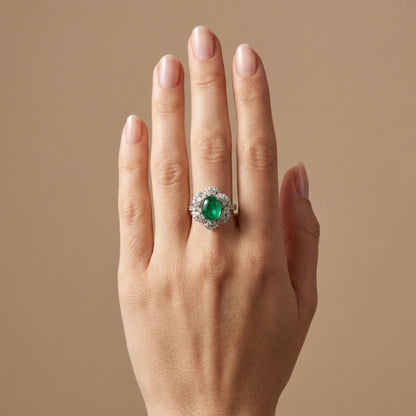Platinum 3.16ct Oval Cat's Eye Emerald 0.85cttw White Diamonds Ring