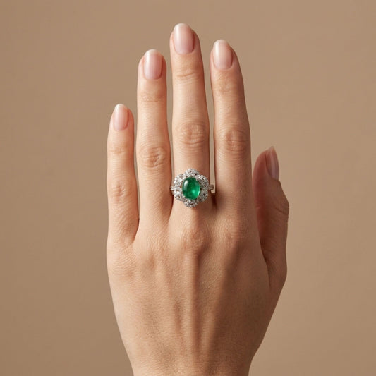 Platinum 3.16ct Oval Cat's Eye Emerald 0.85cttw White Diamonds Ring