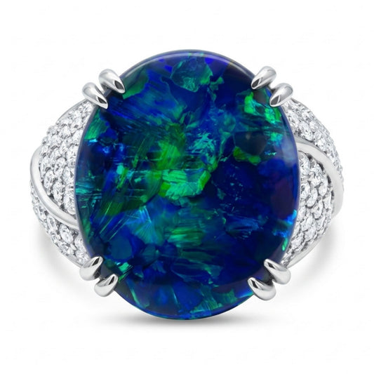Platinum 5.11ct Oval Black Opal 0.90cttw White Diamonds Ring