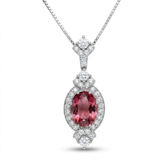Platinum 0.98ct Oval Padparadscha 0.25cttw White Diamonds Necklace GIA #3395577211
