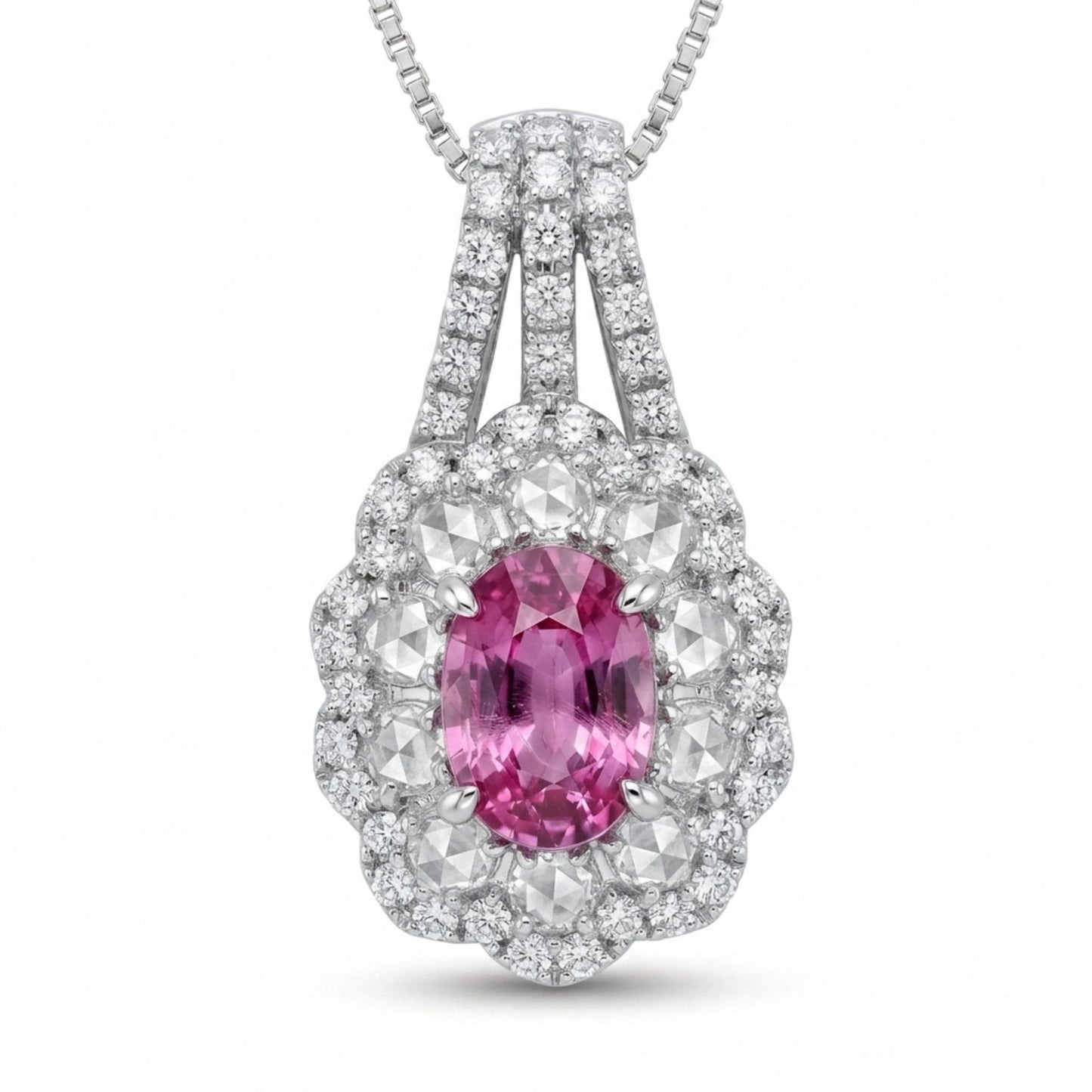 Platinum 1.03ct Oval Padparadscha 0.61cttw White Diamonds Necklace AIGS #GF23020563