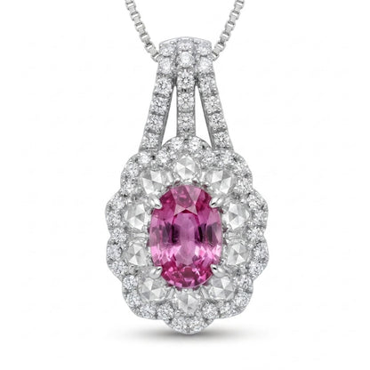 Platinum 1.03ct Oval Padparadscha 0.61cttw White Diamonds Necklace AIGS #GF23020563