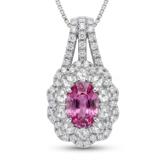 Platinum 1.03ct Oval Padparadscha 0.61cttw White Diamonds Necklace AIGS #GF23020563