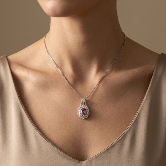 Platinum 1.03ct Oval Padparadscha 0.61cttw White Diamonds Necklace AIGS #GF23020563
