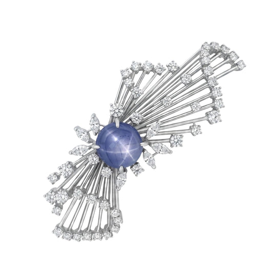 Platinum 6.08ct Oval Star Sapphire 1.96cttw White Diamonds Brooch