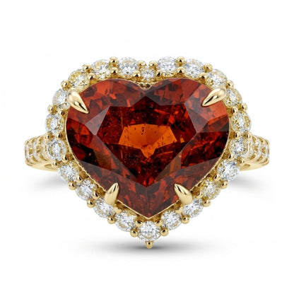 14K 11.88ct Heart Shape Spessartite Garnet 1.37cttw VS White Diamonds Ring