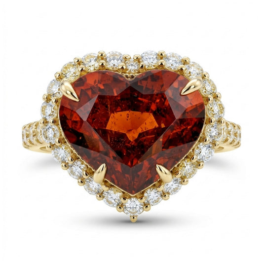 14K 11.88ct Heart Shape Spessartite Garnet 1.37cttw VS White Diamonds Ring