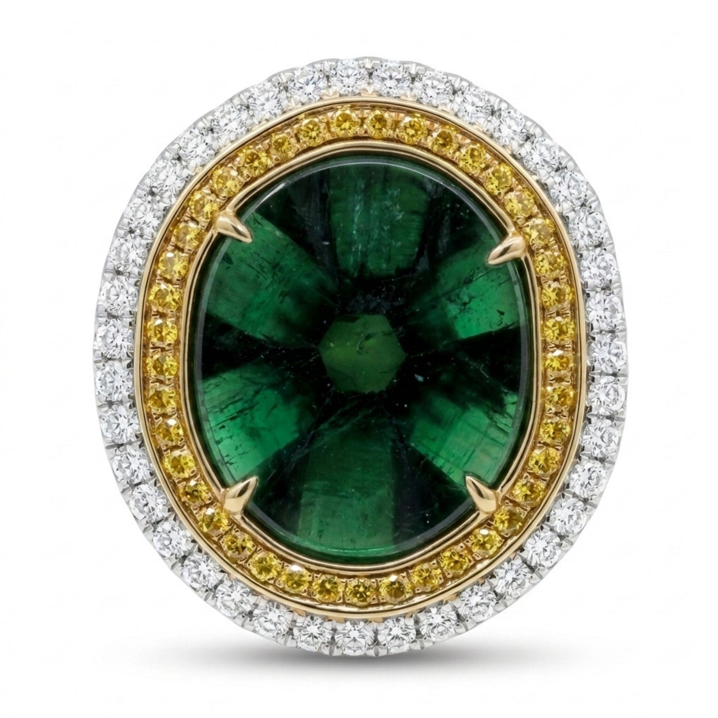 14K 7.12ct Trapiche Emerald 0.85cttw Yellow & White Diamonds Ring